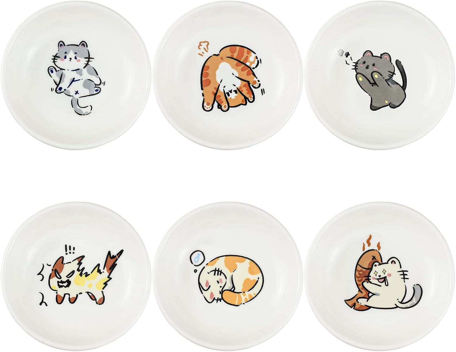 SOCOSY Super Cute Cartoon Animal Ceramic Sauce Dishes, Seasoning Dishes, Little Cat Dog Bird Feeding Bowls, Sushi Soy Dipping Bowls, Appetizer Plates, Dessert Plates, Set of 6-Cats-3.5 Inch