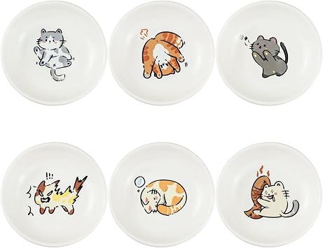 SOCOSY Super Cute Cartoon Animal Ceramic Sauce Dishes, Seasoning Dishes, Little Cat Dog Bird Feeding Bowls, Sushi Soy Dipping Bowls, Appetizer Plates, Dessert Plates, Set of 6-Cats-3.5 Inch
