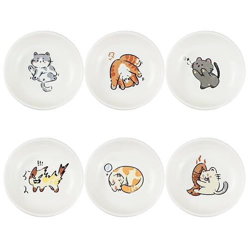 SOCOSY Super Cute Cartoon Animal Ceramic Sauce Dishes, Seasoning Dishes, Little Cat Dog Bird Feeding Bowls, Sushi Soy Dipping Bowls, Appetizer Plates, Dessert Plates, Set of 6-Cats-3.5 Inch - Cartoon Cats - 3.5 Inch
