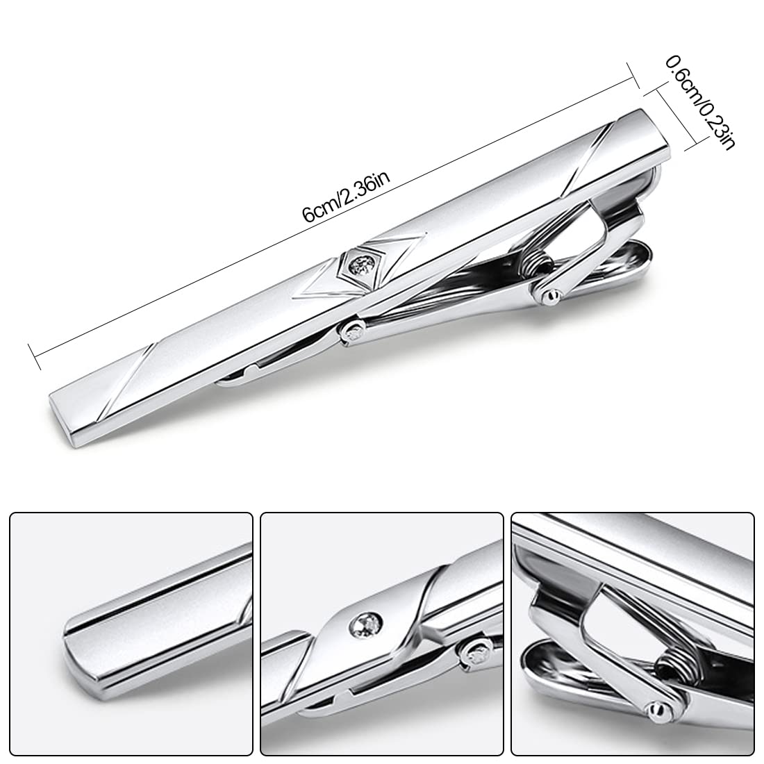2 Pinces à Cravate Homme - Argent 6x0.6cm - Pour Costume, Mariage, Bureau