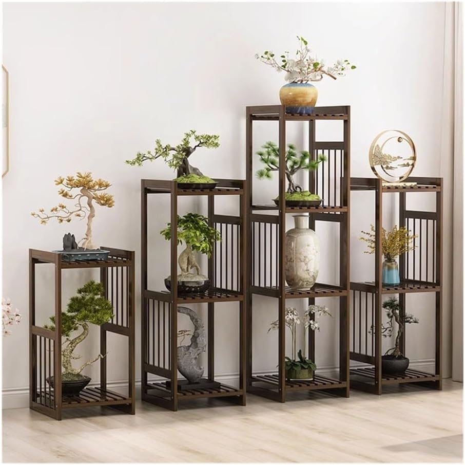 Plant Shelf, New Chinese Hollow Bonsai Rack, Indoor Outdoor Room Bamboo Planter Plant Arrangement Frame