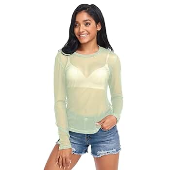 Fluorescent Yellow Women's Long Sleeve See Through Mesh