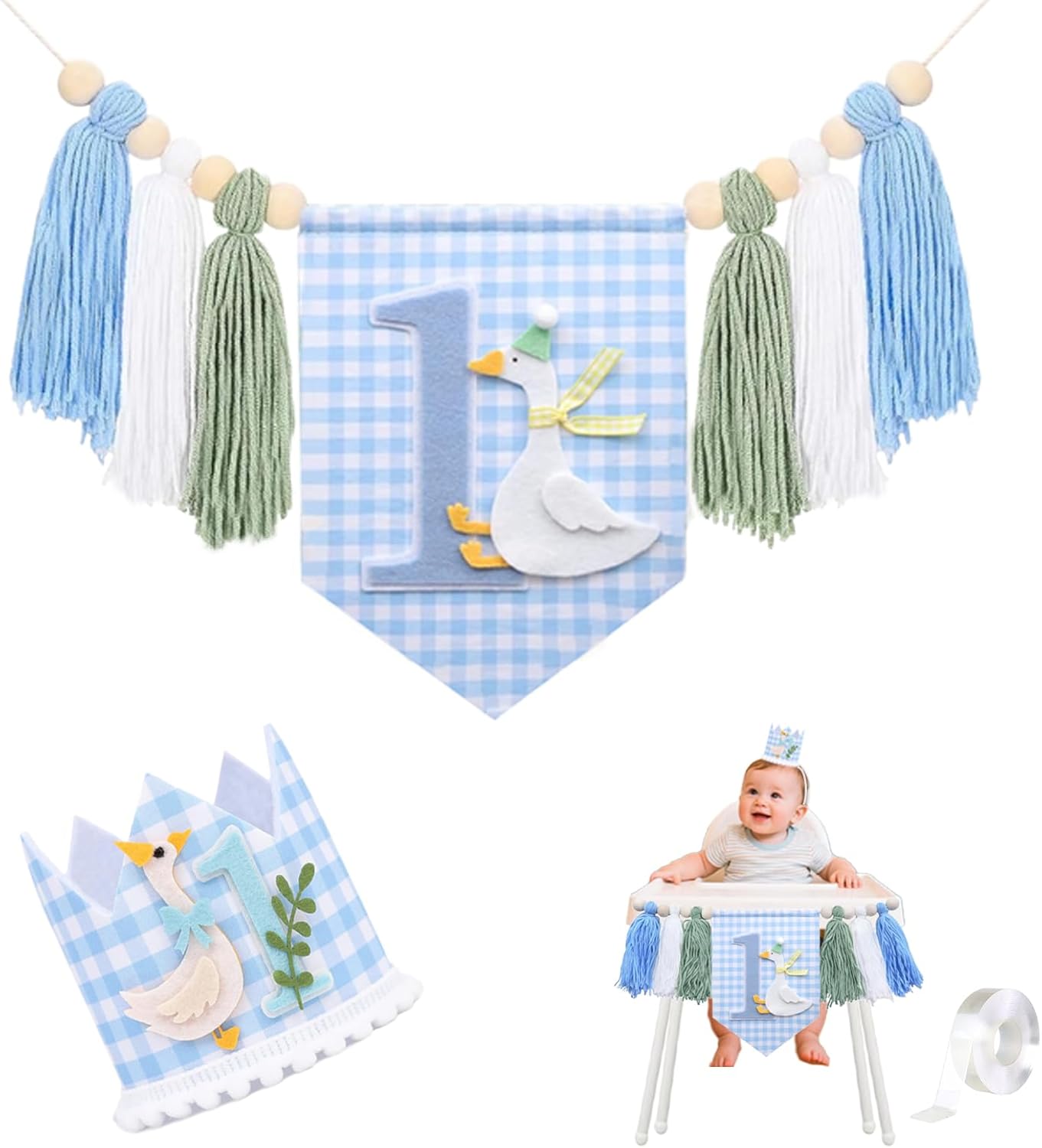One Funny Goose High Chair Banner for Boys- First Birthday High Chair Banner Boy，Comes with a blue silly goose birthday hat and 1 roll of nano easy-off double-sided tape (Light blue)