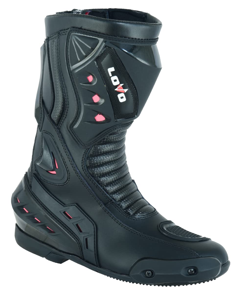 Bottes de moto de course Femme) COULEUR NOIR avec Détails Rose
