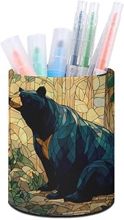 Stained Glass Bear Forest Nature Pen Holder Round Desktop Storage Organizer Pen Holder for Office,Home,Stationary Supplies