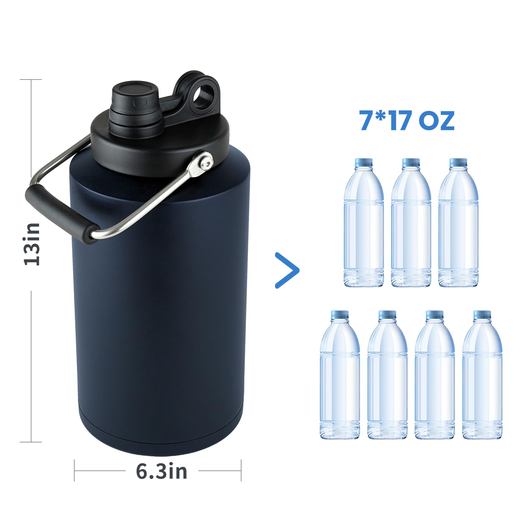 Alathote Grande brocca per l'acqua isolata da 3,6 l, doppia borraccia termica sottovuoto, lavabile in lavastoviglie, per bevande calde e fredde, con bocca larga e manico (blu navy, 3,68 g)