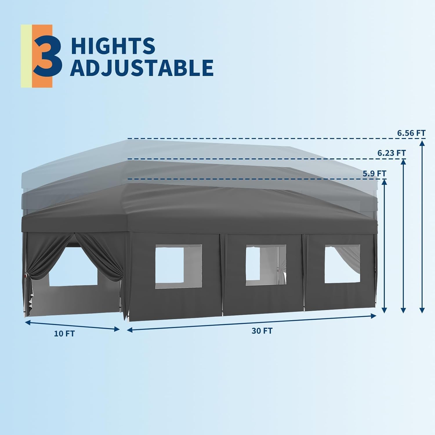 Pop Up Canopy, 10x30 Heavy Duty Canopy Tent with 8 Sidewalls, Outdoor Gazebo Shelter for Large Events and Weddings, Portable Party Tent with Roller Bag, Gray