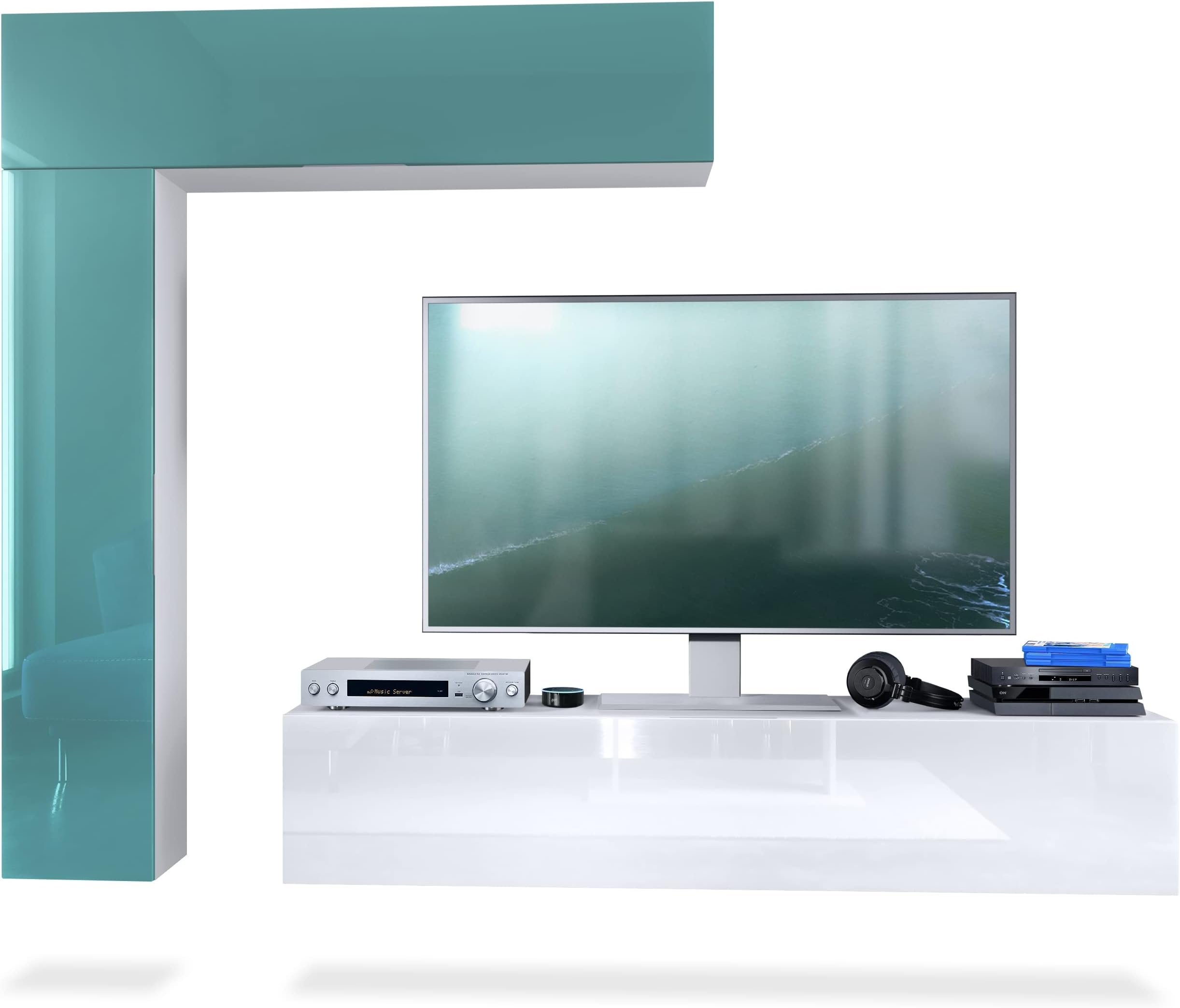 VladonTaurito wall unit, white matt/teal high gloss - Modern wall unit for your living room (320 x 182 x 39 cm)