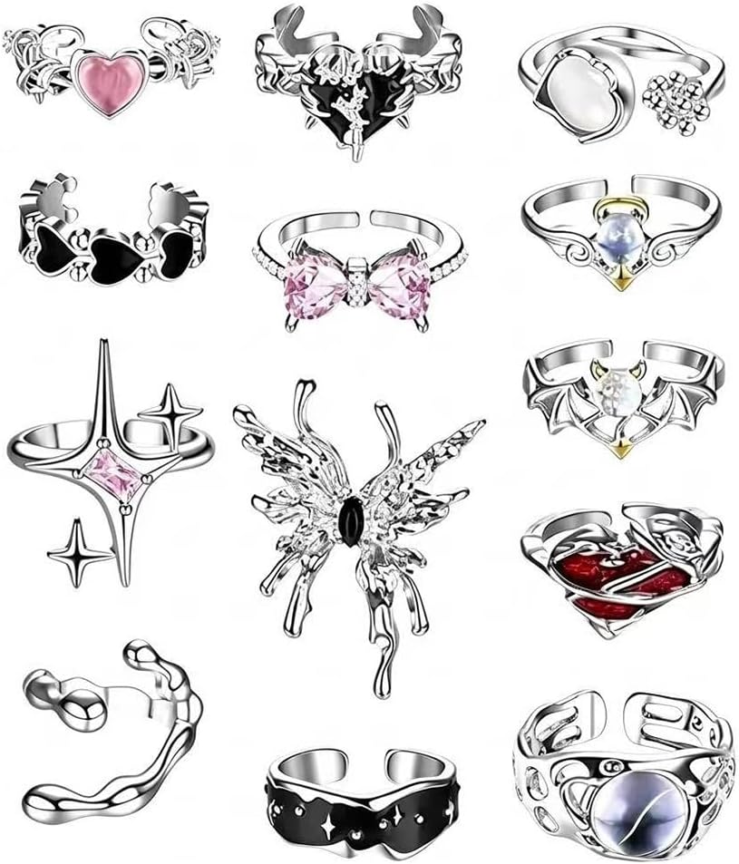 Y2k Pink Kunckle Joint Finger Rings Set for Women Vintage Irregular Open Opal Rings for Men Chunky Adjustable Gothic Cross Moonstone Butterfly Star Love Heart Cool Black Statement Ring Aesthetic Accessories