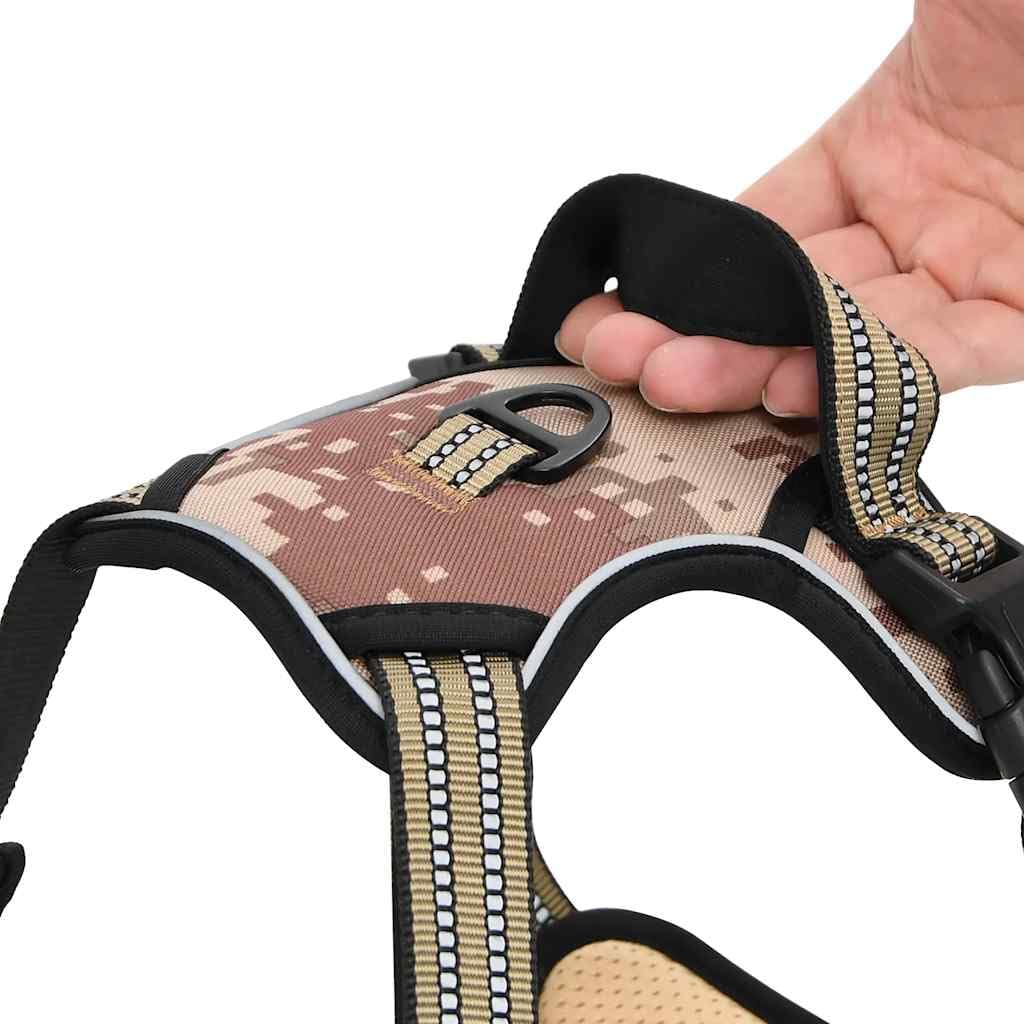 Arnés para perro camuflaje marrón con correa y collar ajustable S, poliéster transpirable, correas reflectantes, 4 correas ajustables para cachorros y perros pequeños