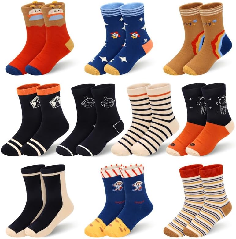 Padgene 10 Pairs Kids Boys Fun Novelty Socks Toddler None Slip Cotton Crew Dress Socks Cartoon Dinosaur Car Shark Stripes