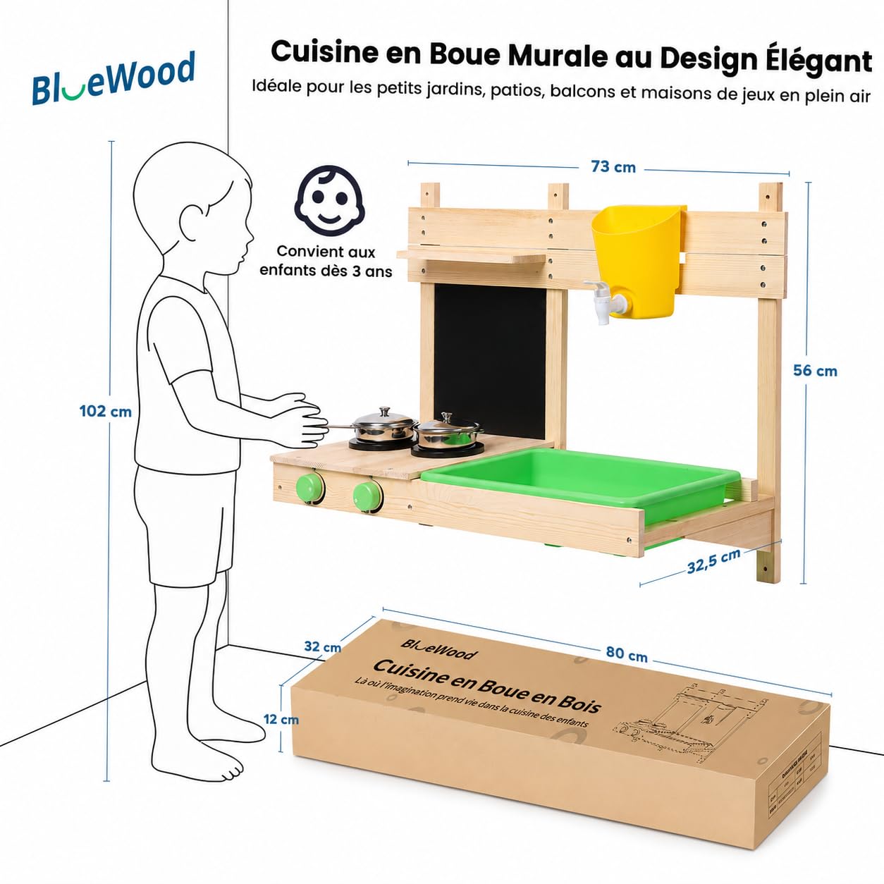 BlueWood Matschküche Kinder Outdoor, Kinderküche Holzspielzeug-Spielset mit, Spielfutter, Kochset und Matschküche Zubehör, Spielküche für Rollenspiel ab 3 Jahren Wandhängerversion