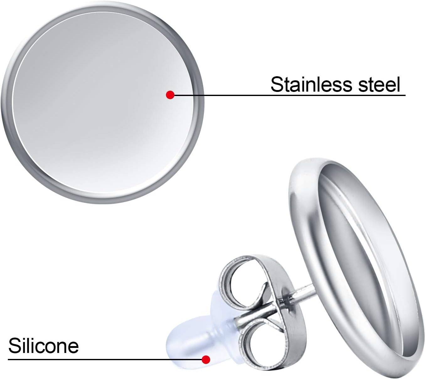 450 Pieces Stud Earring Kit 150 Pieces 3 Size Stainless Steel Blank Stud Earring Bezel Settings 100 Stainless Steel Earring Back 200 Rubber Earring Back for DIY Making 12 mm 10 mm 8 mm (Silver)