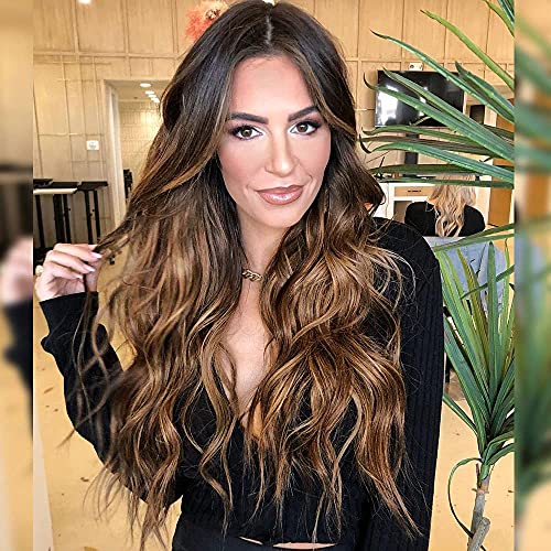 Long Ombre Brown Wavy Wigs for Women Brown Curly Wig Middle Part Hair Replacement Wigs Synthetic Heat Resistant Fibers for Daily Use