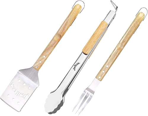 Jim Beam Juego de herramientas para barbacoa de 3 piezas con asas de madera, incluye espátula, tenedor y pinzas para cocinar al aire libre