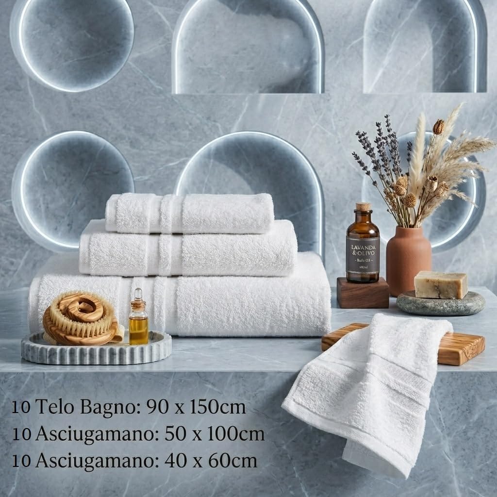 Generico Set Tris Spugna di 10 Teli Doccia Bagno, 10 Asciugamani Viso, 10 Asciugamani Ospite100% Cotone Spugna Idrofila 500 gr/mq Perfetto per Hotel, B&B e Case Vacanze Set 30 Pezzi Asciugamani