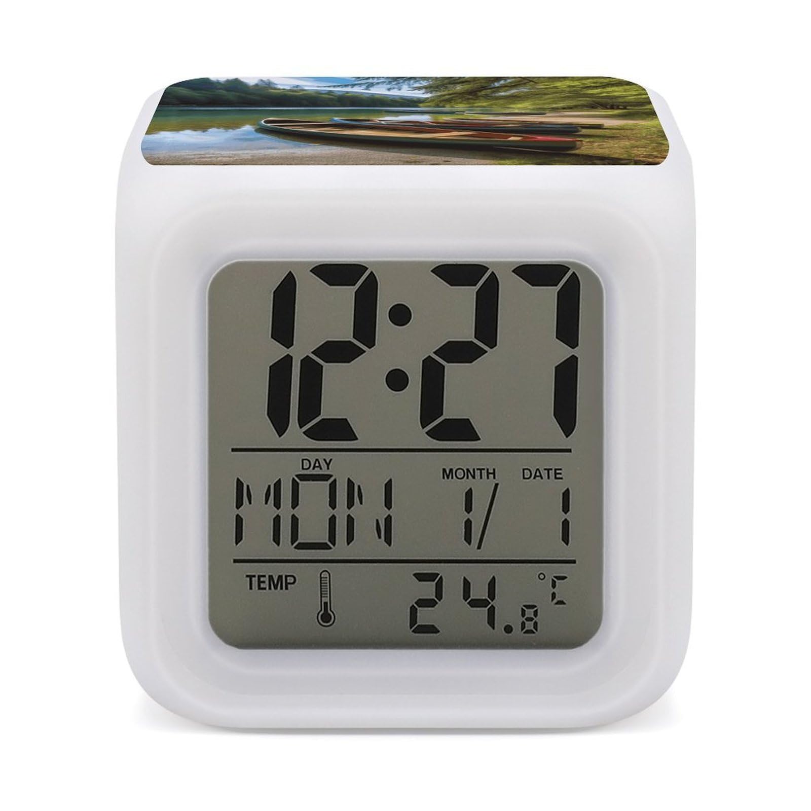 JTREHY Lake with Boats Canoes Park Alarm Clock Seven Color Night Light Digital Clock Precision Reliable Alarms Clocks for Bedroom Heavy Sleepers Adults Gift for Men and Women