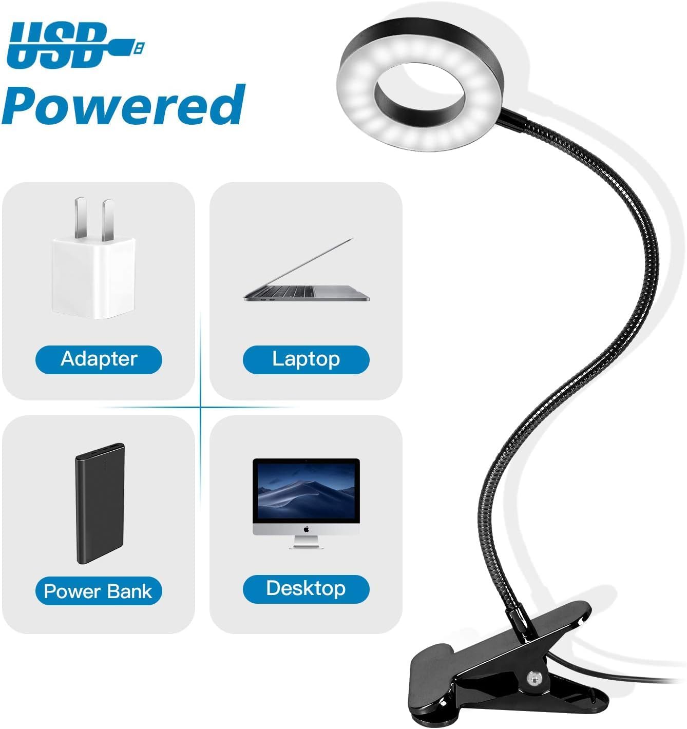Clip LED Lamp with USB - 3 Colour Temperatures, Dimmable, Flexible, Eye Protection Lamp for Bedside & Office