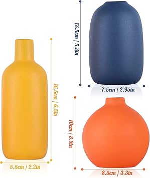 Cute Orange Blue Yellow Matte Ceramic Small Vase Set of 3, Modern Boho Vases for Flowers, Fall Home Table Centerpiece Minimalist Vases for Décor Room, Entryway, Bookshelf, Mantel, Shelf Decor