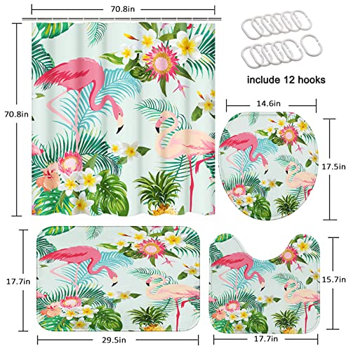 Tayney Tropical Flamingo Shower Curtain Sets With Toilet Lid Cover And Non-Slip Rugs, Hawaii Palm Botanical 4 Pcs Summer Flowers Shower Curtain For Bathroom Set With 12 Hooks #TOP1