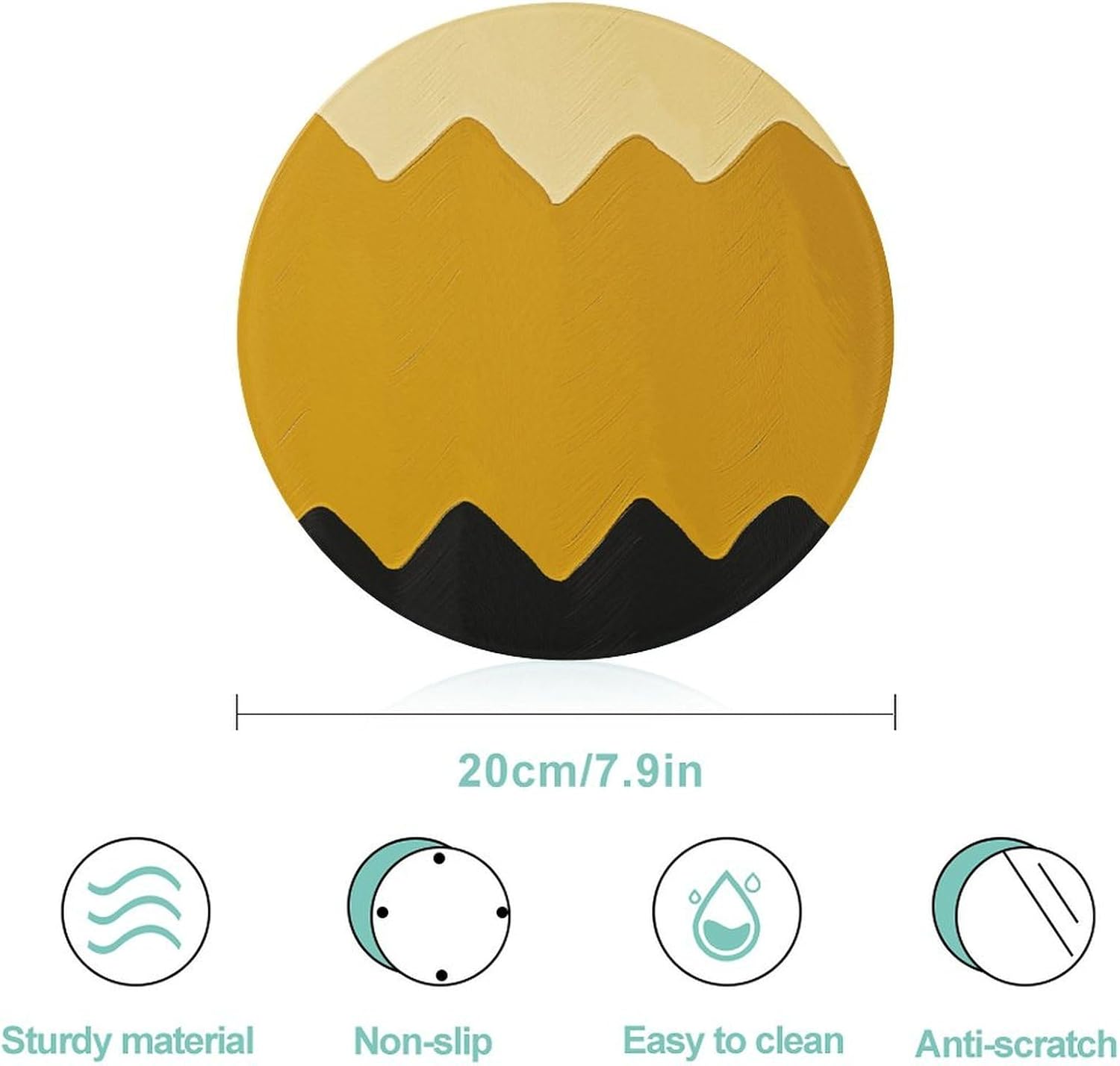 Mustard Yellow And Black Cutting Board Portable Small Chopping Boards Tempered Glass Kitchen Counter Protector Non-Slip Round Charcuterie Boards Mat for Bar Cheese Board
