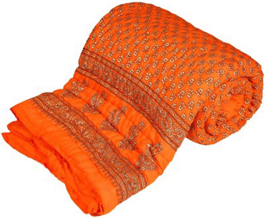 Traditional Famous Rajasthani Print Jaipuri Beautiful Floral Print in Orange Jaipuri Rajai/Razai/Quilt King Size/King Size Bed Quilt/Comforter/AC Quilt/AC Comforter