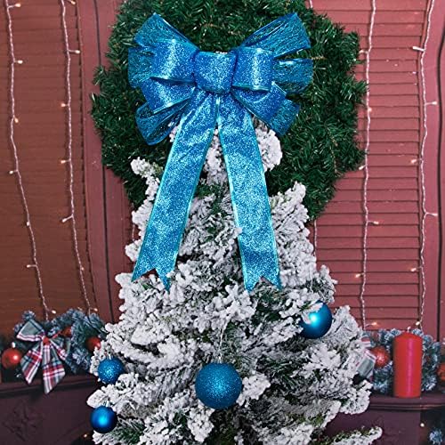 LAWOHO 109pcs Christmas Tree Decorations Set, Bow Tree Topper, Glitter Poinsettia, Baubles, Bows, Snowflakes, Christmas Ball Ornaments, Shatterproof Seasonal Décor Hanging Baubles for Xmas Tree (Blue)