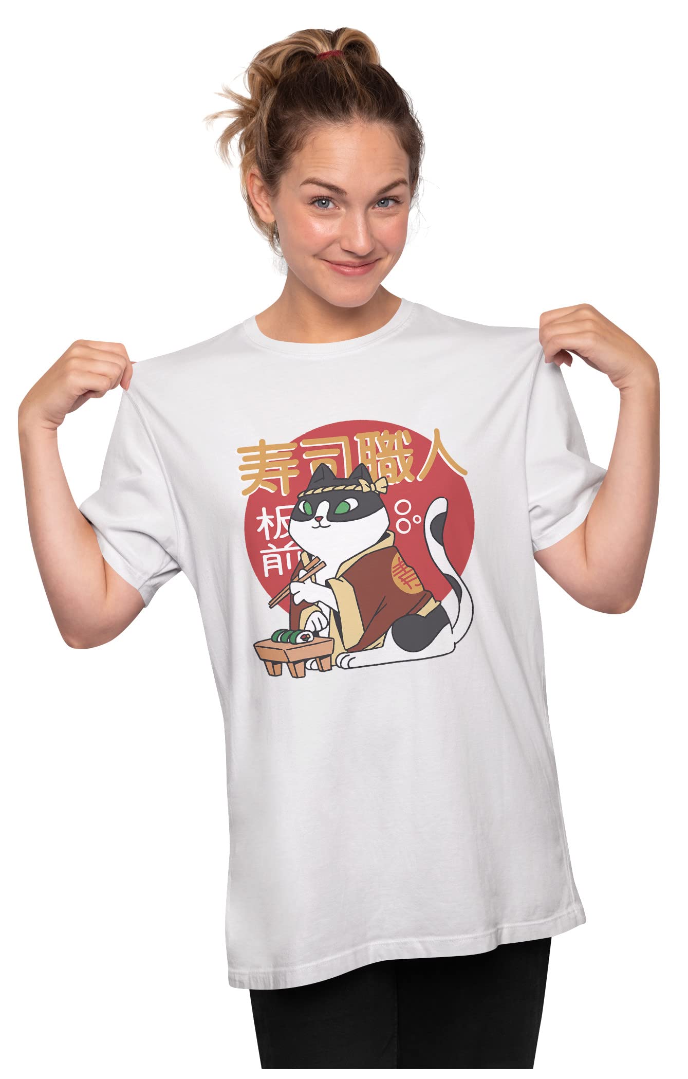 HeybrohWomen's Oversized T-Shirt Sushi Cat Chef 100% Cotton