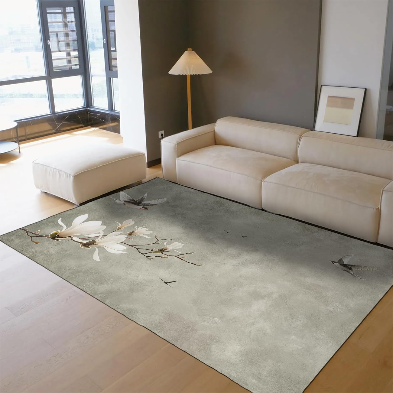Tapis salon lavable 90x150 antidérapant gris avec colibri et magnolia