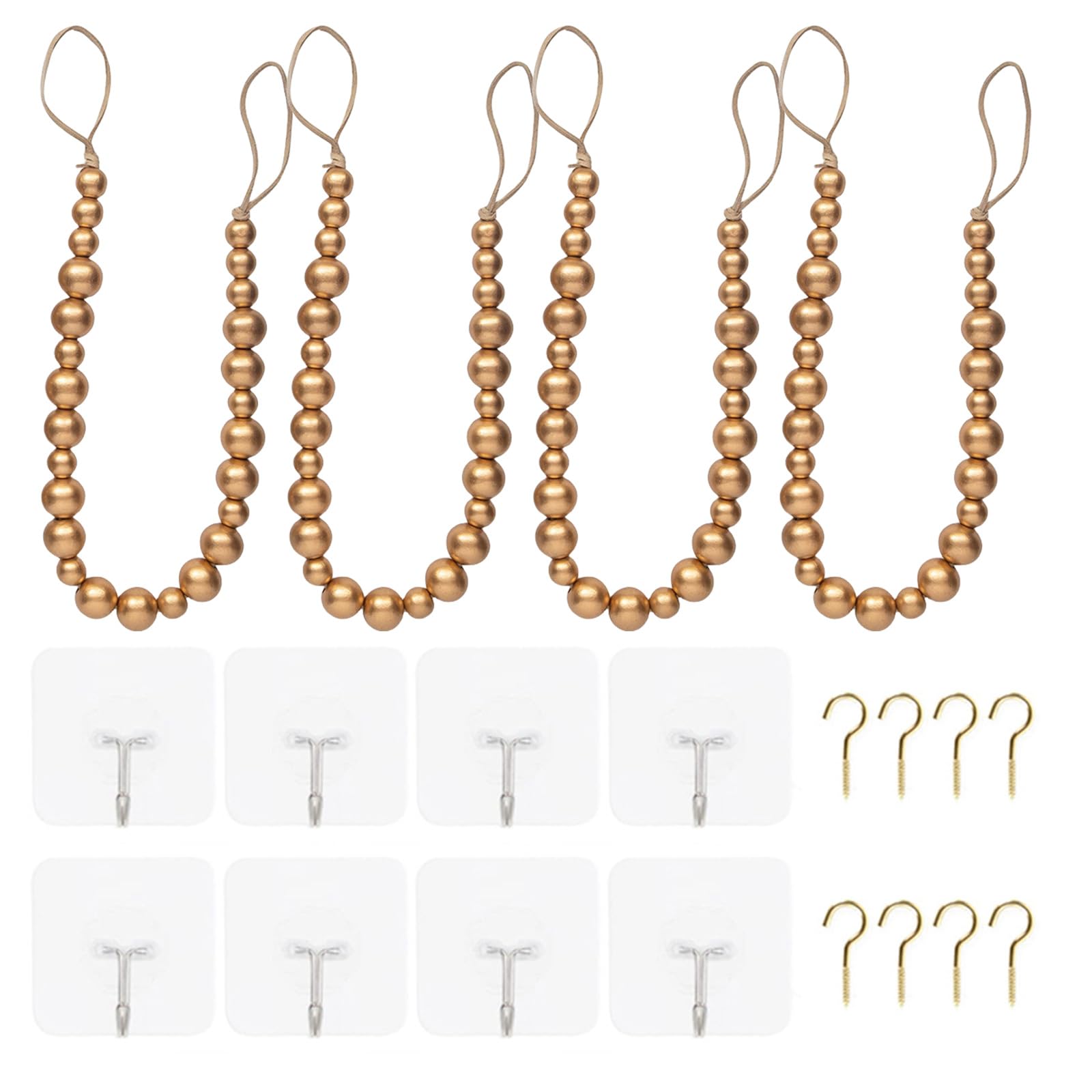 Tfaoys Gold Of 4 Wood Bead Curtain Tiebacks, Curtain Holdbacks For Home Decoration Multiple Color Not Need Drilling Accessories