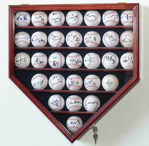 30 Baseball Display Case Cabinet Holder Rack Home Plate Shaped w/ UV Protection- Lockable -Cherry