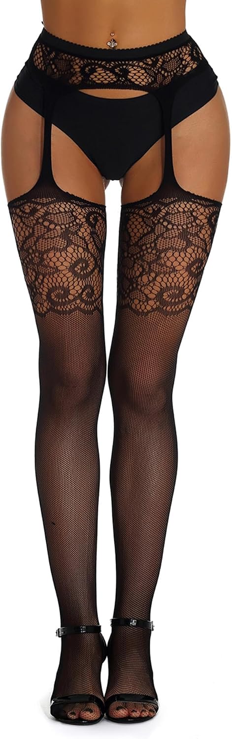 ohyeah Suspender Pantyhose for Women Pattern Lace Fishnet Tights Thigh High Stockings with Garter Black Fishnet Leggings