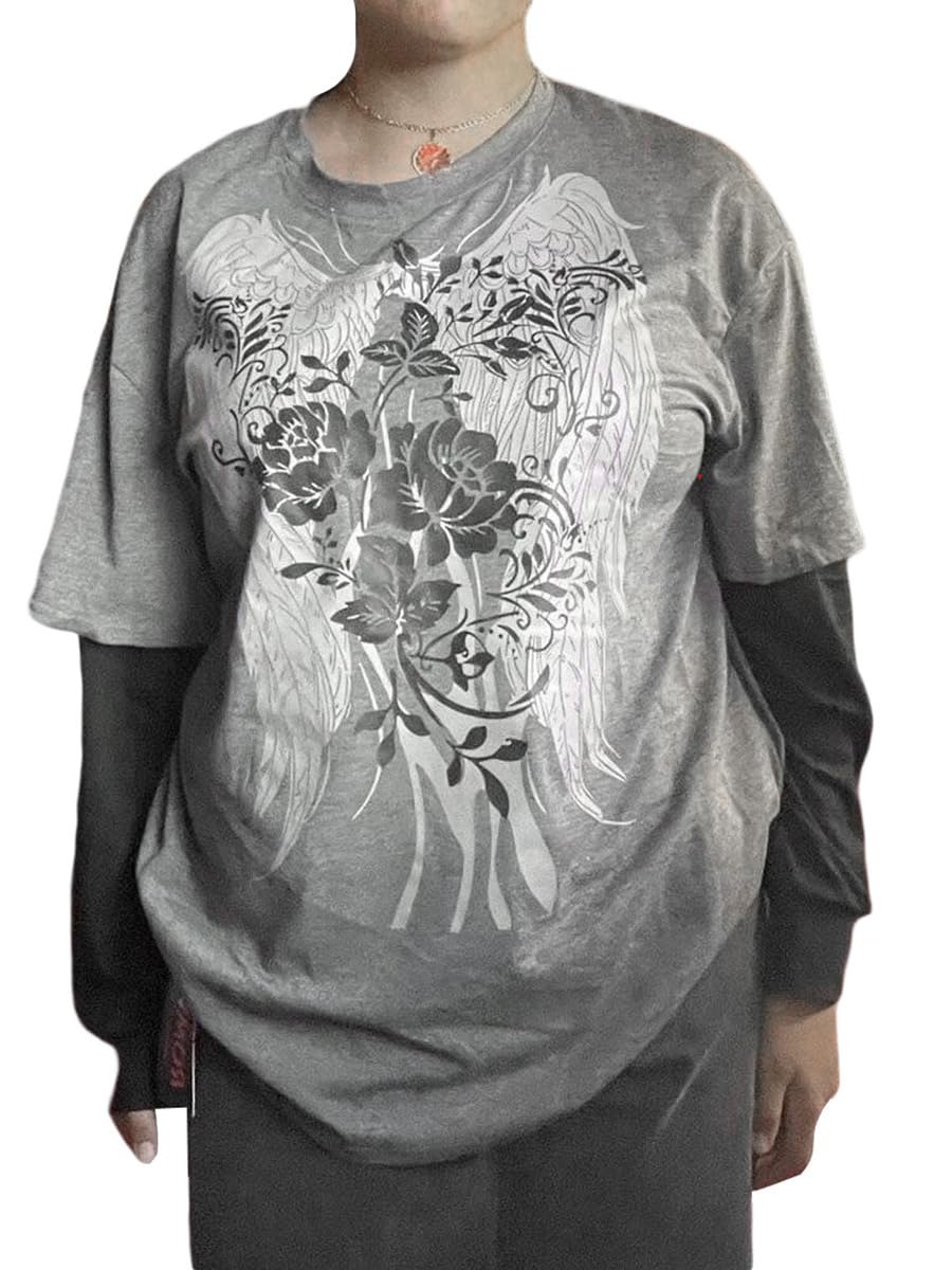 Goth Shirt Gothic Shirt Fake Two-Piece Alternative Clothing Goth Long Sleeve Top Grunge Clothes: Large Grey02