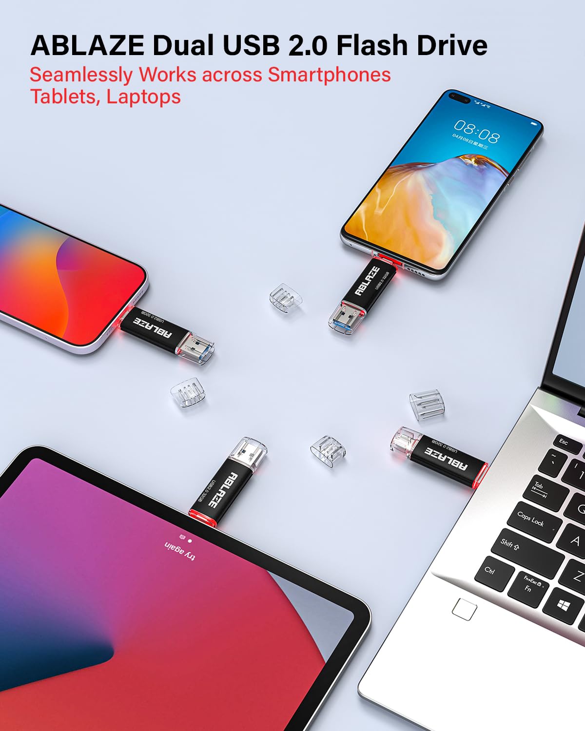 ABLAZE Chiavetta USB 2.0+USB C da 32 GB, confezione da 10 | Compatibile con iPhone 17/16/15, smartphone Android, computer, tablet, Mac, laptop, 5 colori misti