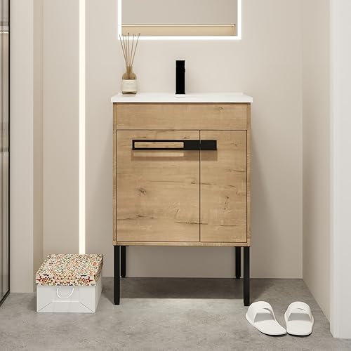 SSLine Mueble de baño 2 en 1 montado en la pared y de pie independiente con lavabo moderno de 24 pulgadas con lavabo superior y armario de