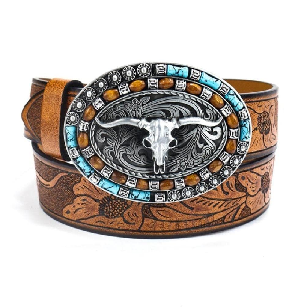 Vintage Western Belt Cowboy Belt With Big Buckle Beaded Belt Leather Belt Longhorn Bull Belt Buckle Belt Jeans Belt vintage western belt