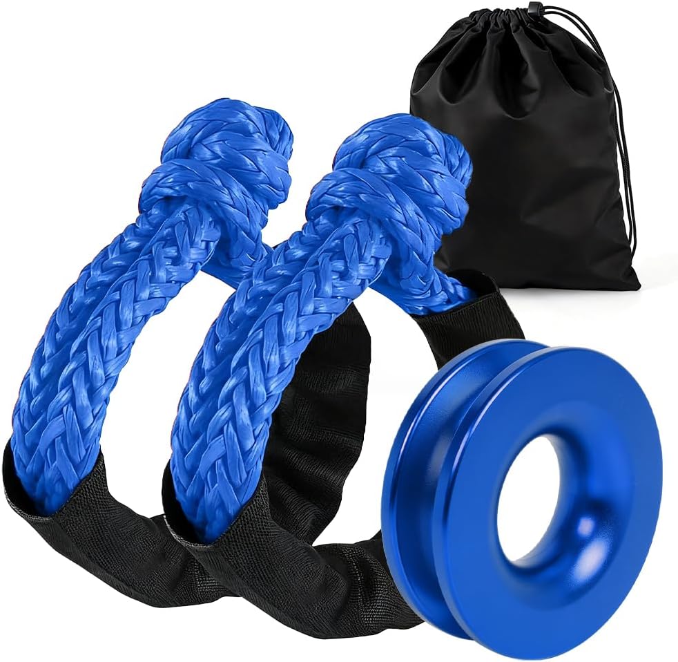 BARTOO Winch Snatch 66000 LB Recovery Ring with 2 PCS Soft Shackle 1/2" X 22 Inch Winch Rope, for ATV UTV SUV Truck Off-Road Vehicle Recovery Accessories, Blue