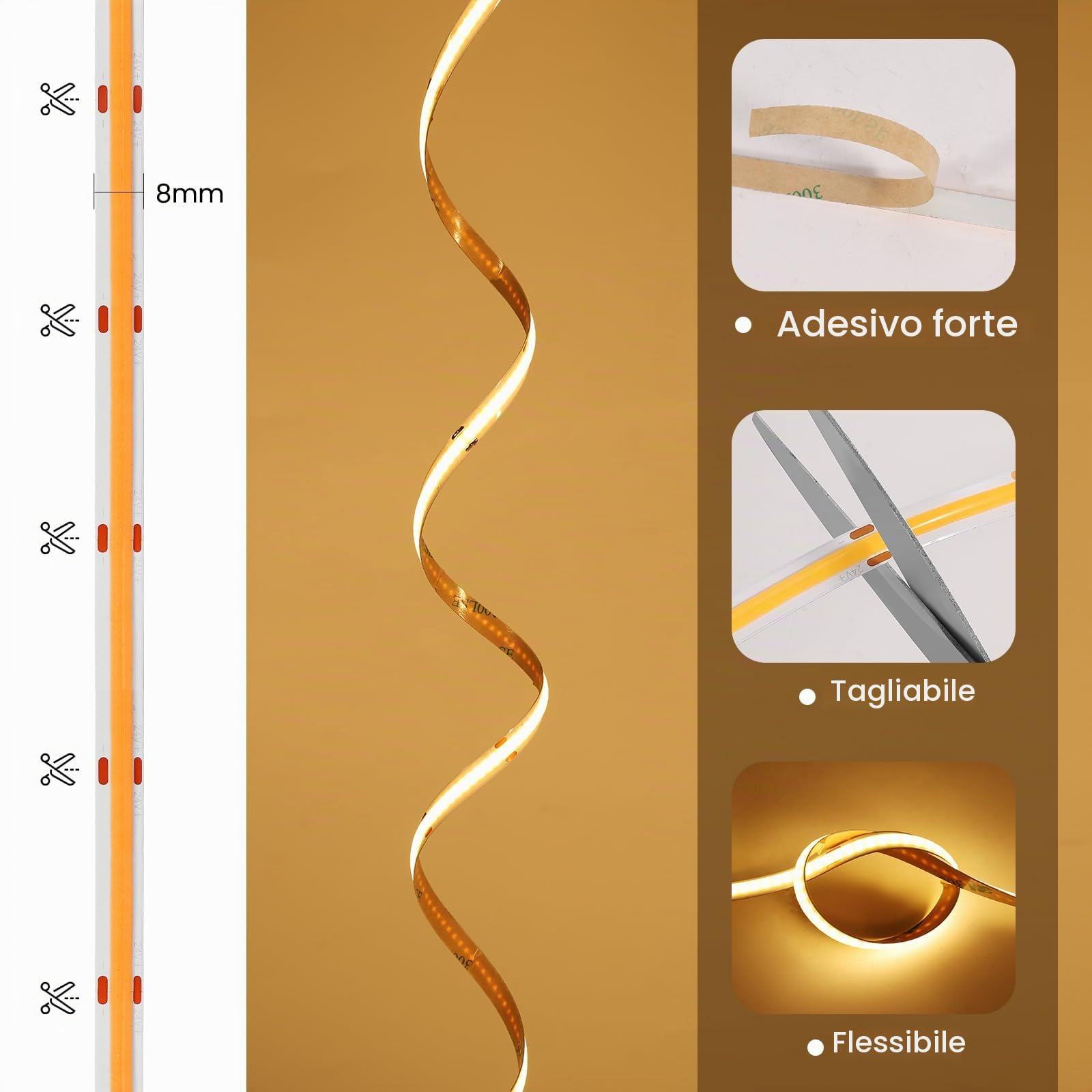 App Controllo Striscia LED COB 10 metri, Striscia LED Bianco Caldo con Smart App e Telecomando, Funzione Timer, Colore Dinamico, Modalità Musica per Parete TV Cucina Soggiorno, 2700K