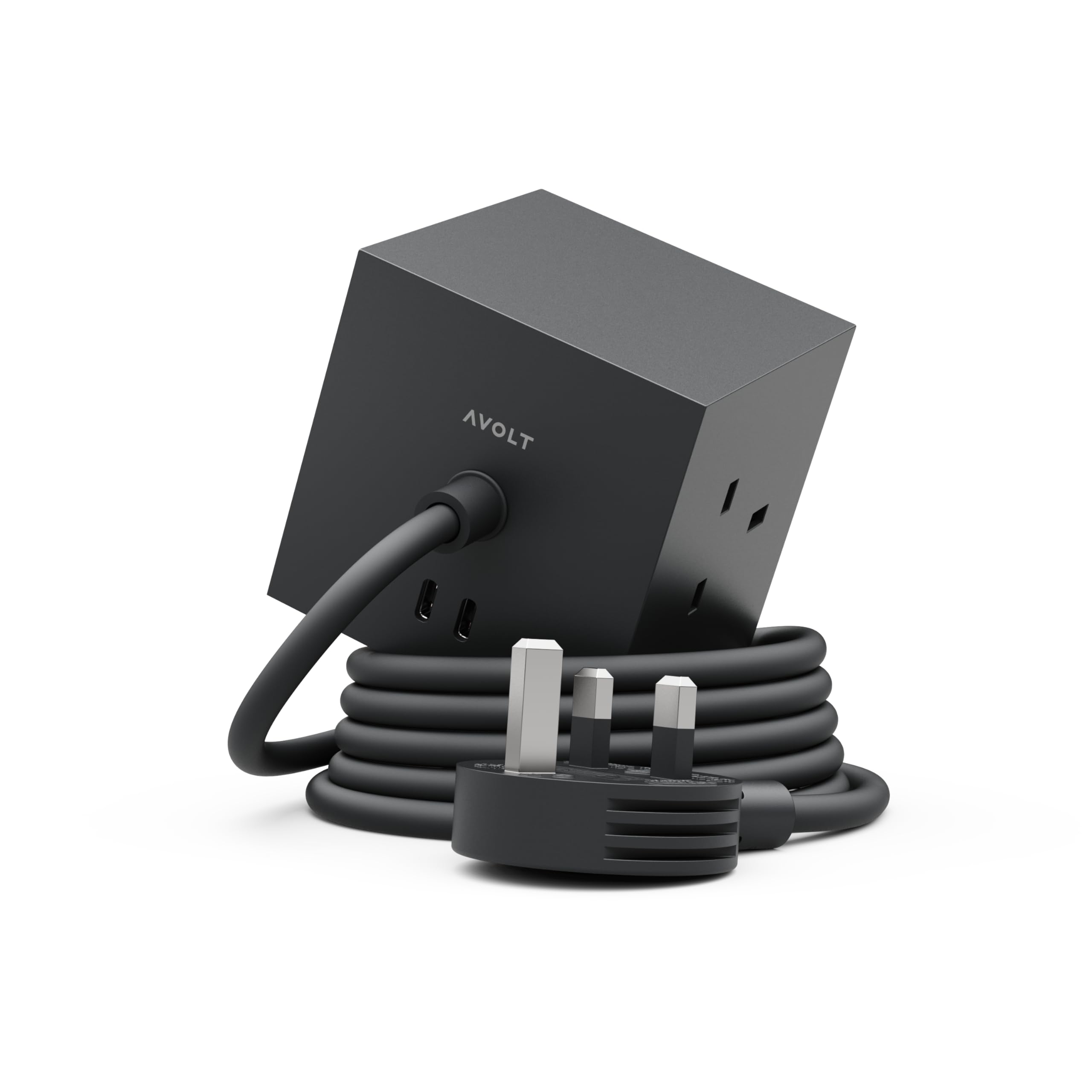 Avolt Square 1 Magnetic Extension Lead Cube with USB-C – Design Power Cube with 3 UK Sockets, 2 USB-C Ports & 1.8 m Cable – Modern Desk Extension Lead for Home, Office & Workspaces (Stockholm Black)