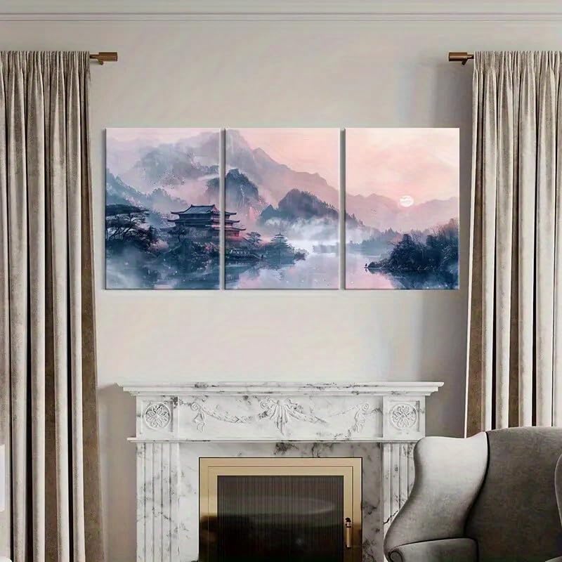 Toile murale paysage traditionnel chinois 30x45cm triptyque abstrait