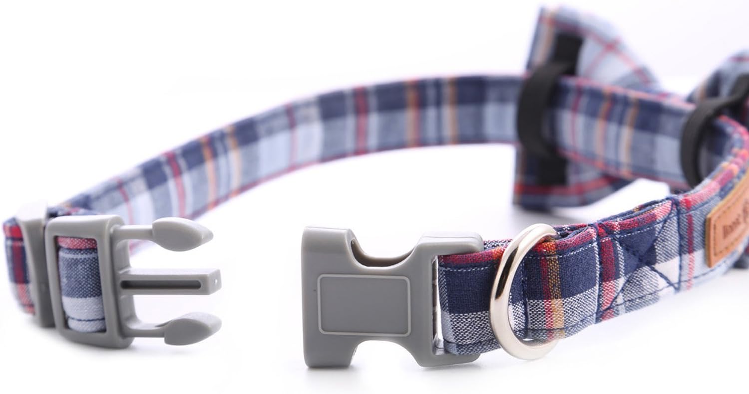 Lionet Paws Cat and Dog Collar with Bowtie,DarkBlue Plaid Cotton Collar with Plastic Buckle,Adjustable Collars for X-Small Dogs and Cats,Neck 8-12in - Image 4