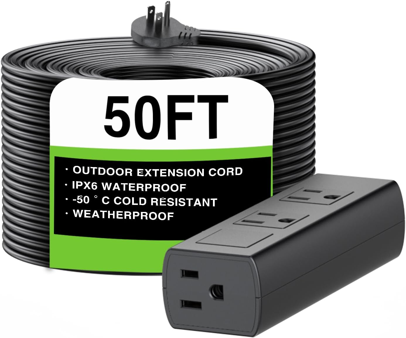 50FT Outdoor Extension Cord Waterproof, Heavy Duty Extension Cord, Long Extension Cord, Outdoor Power Strip Waterproof Surge Protector, Water & Weather Resistant, Flame Retardant for Lawn & Garden
