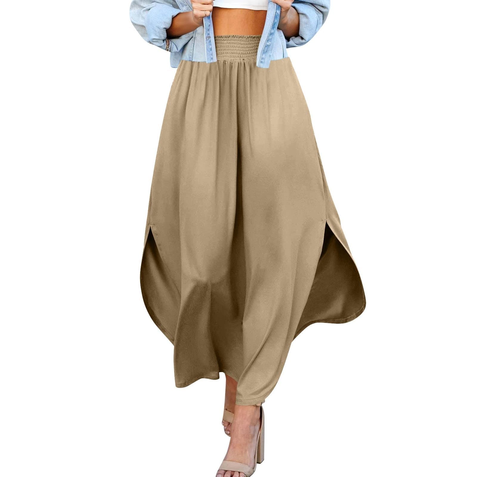 Women's Bohemian Flowy High Waist Long Skirt with Tie Detail Casual Summer Spring Fall Fashion Maxi Dress (Khaki, M)