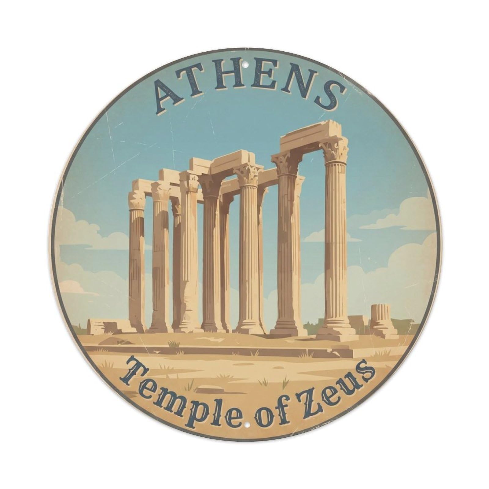 Vintage Travel Athens Temple Zeus Metal Tin Sign Plaque Wall Decor for Cafe, Club, Garden Round Metal Poster 8x8Inch