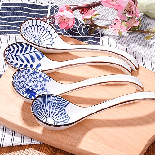 Asian Large Spoons Set Of 4 Japanese And Korean Ceramic Soup Spoons Ceramic Spoons With Long Handle Serving Gravy, Soup Noodles, Wontons, Cream #TOP6