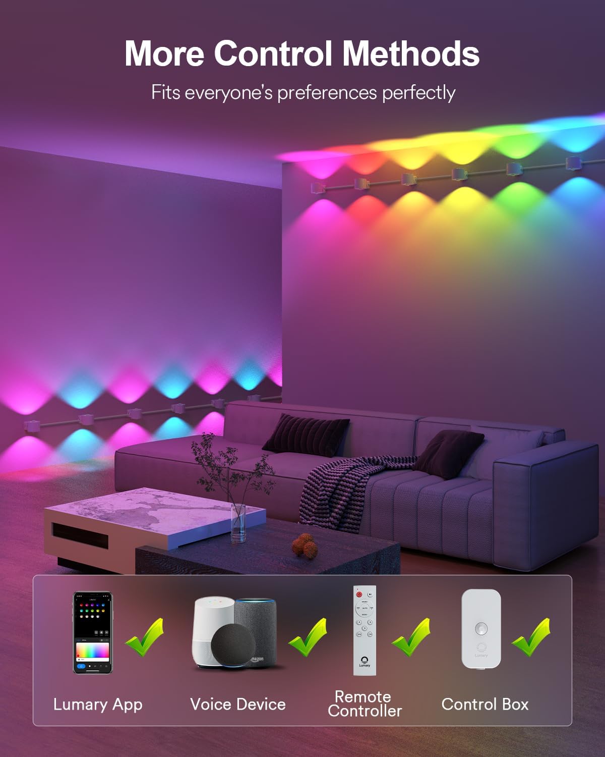 Lumary RGBAICW Smart Wall Sconces, Indoor WiFi Wall Lights for Room Decor, 18.4ft with 14 LEDs Color Changing DIY Light Fixture for Bedroom, Living Room, Party, Compatible with Alexa/Google Assistant