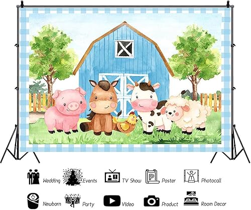 Miniatura 2 de Telones de fondo de cumpleaños de granja para niños, granero azul, animales de granja, fondo de fotografía, tema de animales de granja, decoración