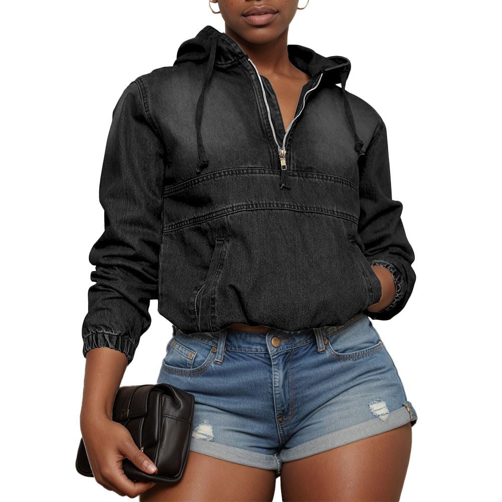 Amazon.com: Aomice Women's Half Zip Denim Hoodie Pullover Jackets