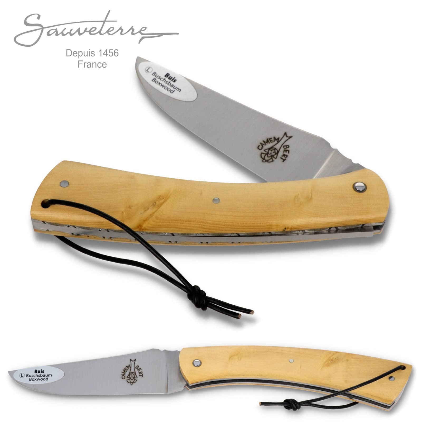 Sauveterre Le Camembert Taschenmesser - 11 cm Griff Buchsbaum Plein Manche - verzierte Platine - Klinge matt - Messer Frankreich
