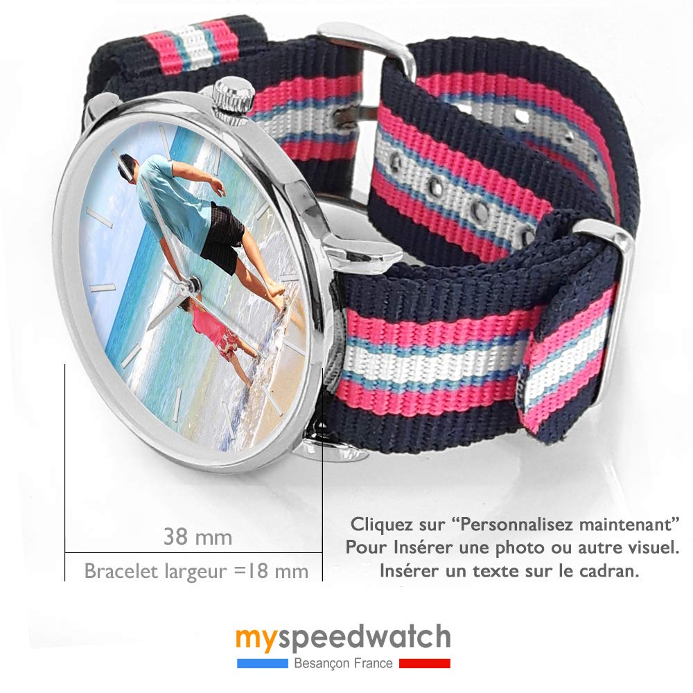 Reloj personalizado con una foto, un Texto. Reloj unisex para hombre o mujer. Regalo personalizado pulsera trenzada NATO a rayas, colores modernos. Regalo para el día del padre, Modelo mixto Ø: 38